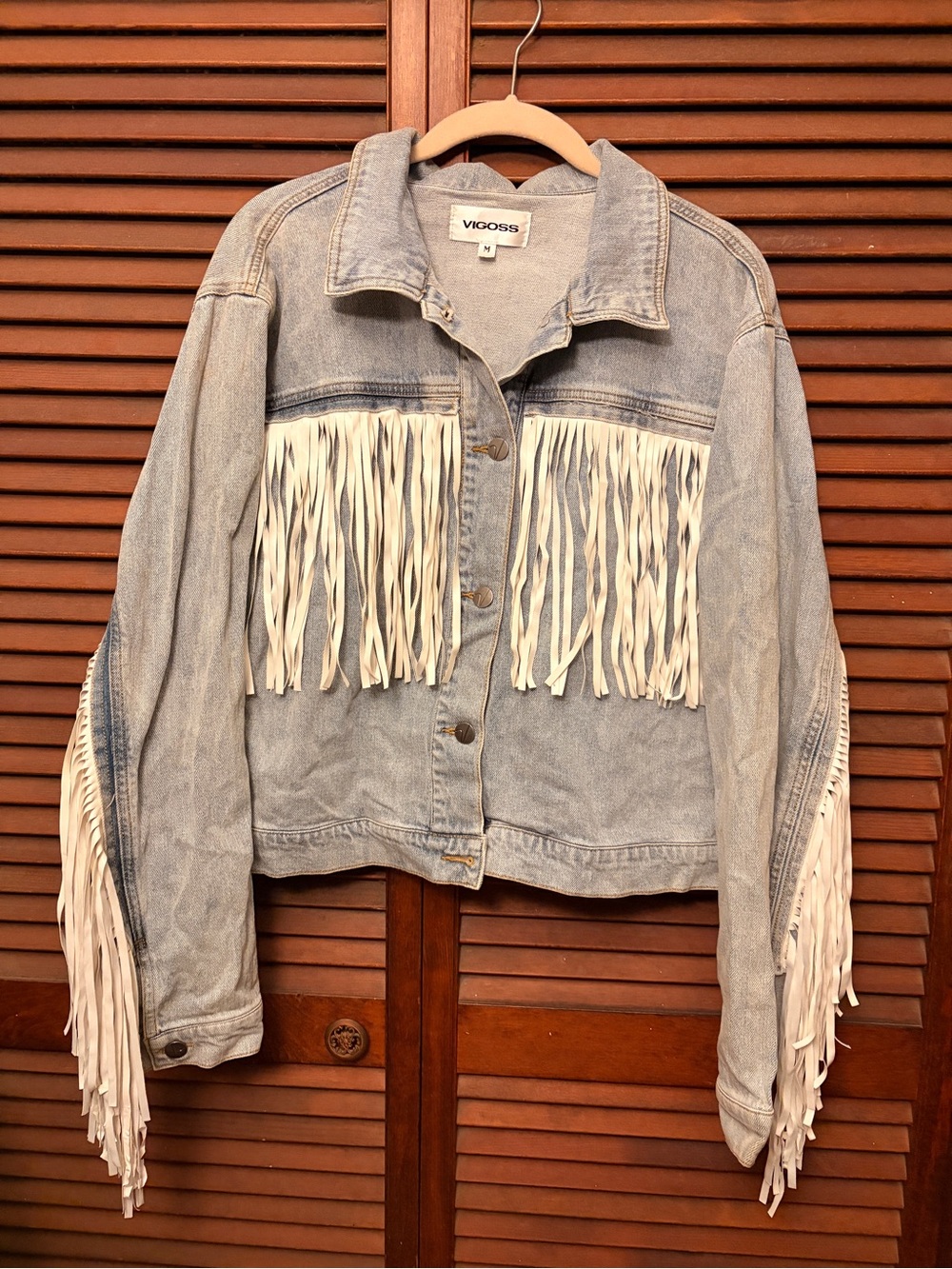 Vigoss Light Wash Denim Jacket with White Fringe